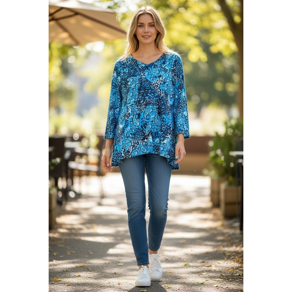 All Hours Women's XL Turquoise Leopard Paisley Rhinestone Tunic Top 3/4 Sleeve